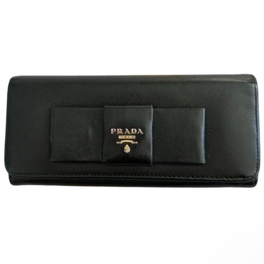Prada Black Bow Saffiano Leather Wallet/ Clutch Purse